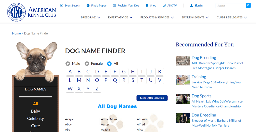 AKC- American Kennel Club Dog Name Finder
